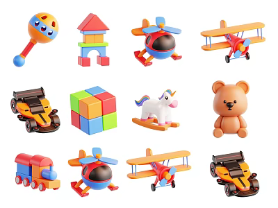 Assorted Colorful Kids Toys with Airplanes Cars Blocks Rocking Unicorn Teddy Bear 3d model