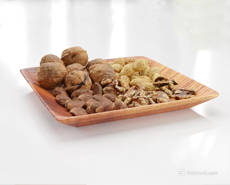 Assorted Nuts in Wooden Tray Including Walnuts Peanuts and Other Varieties 3d model 