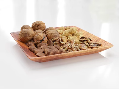 Assorted Nuts in Wooden Tray Including Walnuts Peanuts and Other Varieties 3d model