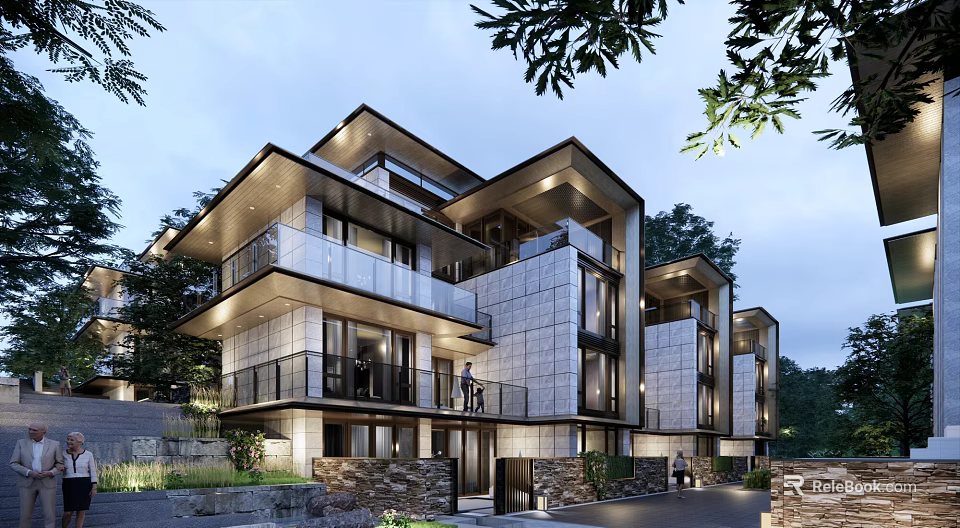 Modern Townhouse Exterior With Large Glass Windows Balconies And Lush Greenery 3d model 