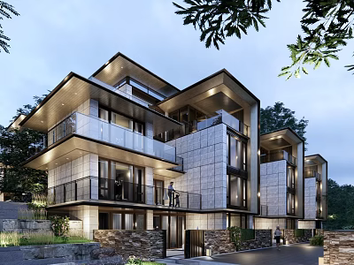 Modern Townhouse Exterior With Large Glass Windows Balconies And Lush Greenery 3d model