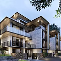 Modern Townhouse Exterior With Large Glass Windows Balconies And Lush Greenery