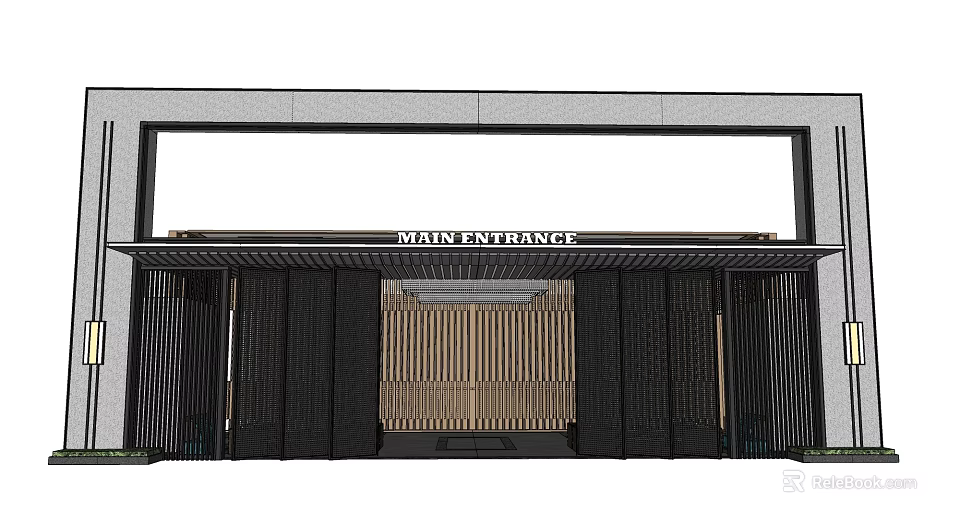 Modern Main Entrance Gate Design With Wooden Slats And Black Frame Structure 3d model 