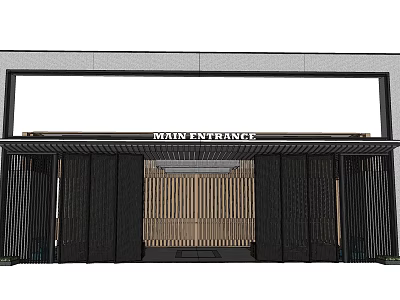 Modern Main Entrance Gate Design With Wooden Slats And Black Frame Structure 3d model