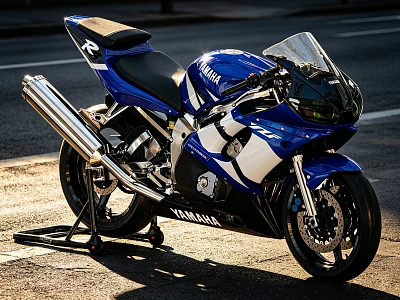 Yamaha Blue Sport Motorcycle With Sleek Design And Black Seat On Street 3d model