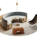 Curved Public Seating with Brass Lamps Small Round Table Brown Ottoman and Rug