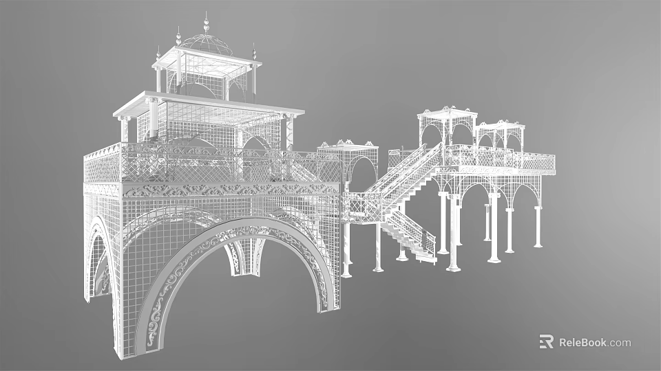 Ornate European Architecture 3D Wireframe Model With Tower Arches And Staircase 3d model 