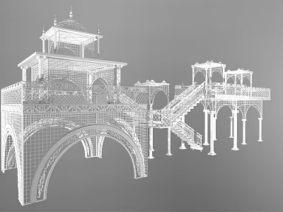 Ornate European Architecture 3D Wireframe Model With Tower Arches And Staircase 3d model