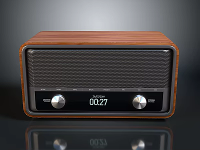 Retro Computer Speaker With Wooden Case Black Front Panel Knobs And Digital Time 3d model