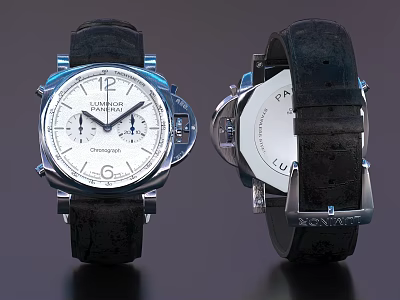 Elegant Longines Chronograph Watch With White Dial And Black Leather Strap Front Back View 3d model