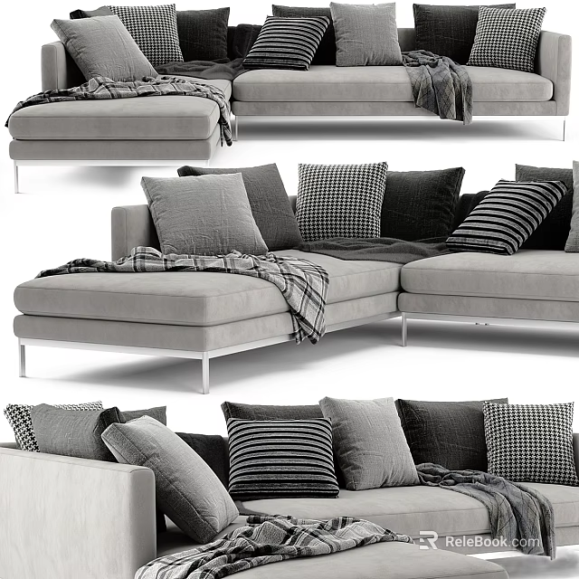 Modern Sectional Sofa Design With Patterned Pillows Knit Throw Blanket And Metal Legs 3d model
