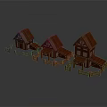 Three Small Wooden Buildings With Red Roofs And Surrounding Wooden Fences