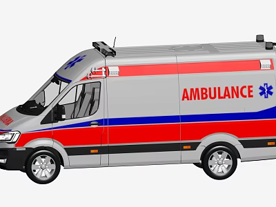 Silver Gray Ambulance Emergency Vehicle With Red Blue Stripes And Medical Emblem 3d model