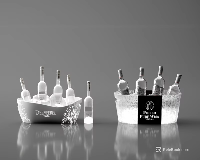 Chilled Wine Bottles in Ice Buckets with Ice Cubes DOM PERIGNON and MACALLAN Labels 3d model 