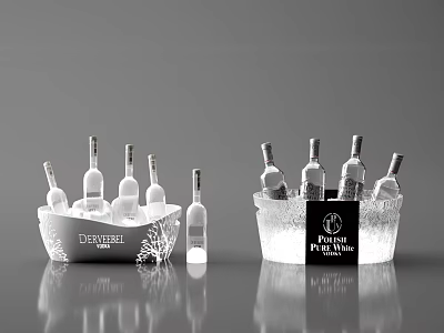 Chilled Wine Bottles in Ice Buckets with Ice Cubes DOM PERIGNON and MACALLAN Labels 3d model