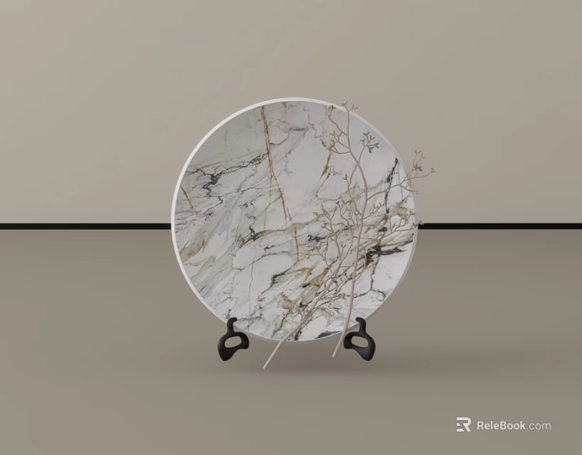 Round Marble Texture Plate With Black Stand And Dried Twigs Decorative Ornament Set 3d model 