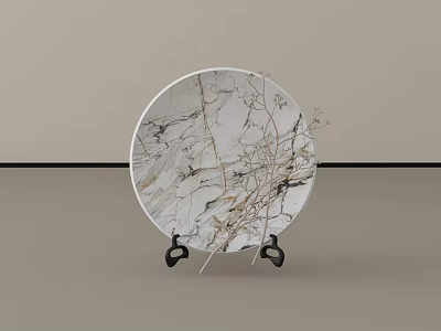 Round Marble Texture Plate With Black Stand And Dried Twigs Decorative Ornament Set 3d model