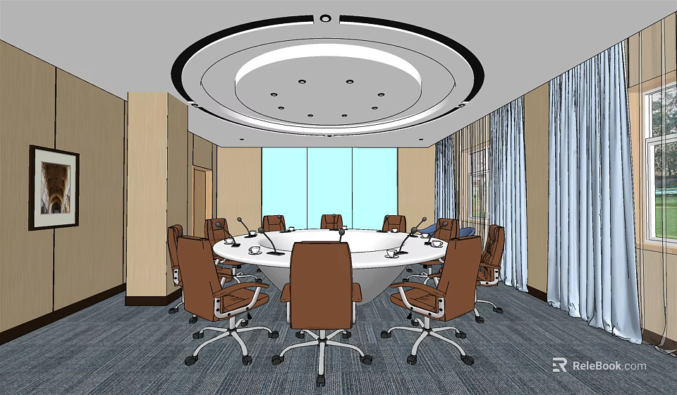 Modern Conference Room With Round Table Brown Chairs Circular Ceiling Light And Large Windows 3d model