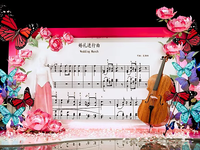 Romantic Wedding March Photo Check-in Spot with Pink Roses Butterflies and Violin 3d model