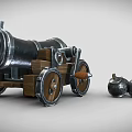Vintage Metal Cannon With Wooden Wheels And Cannonballs On Gray Background