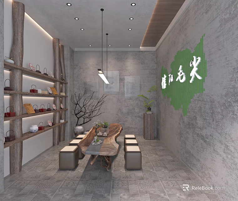 Chinese Tea Tasting Space With Wooden Shelves Stone Wall And Green Calligraphy Decor 3d model 