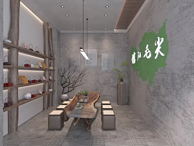 Chinese Tea Tasting Space With Wooden Shelves Stone Wall And Green Calligraphy Decor 3d model