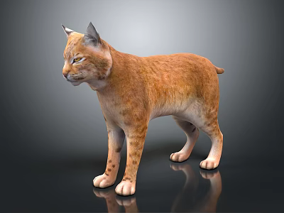 Orange Brown Lynx With Tufted Ears Standing On Dark Reflective Surface 3d model