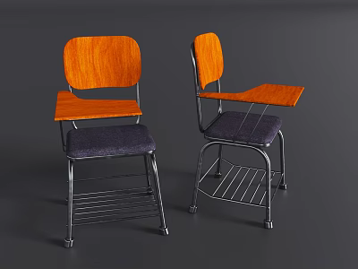 Single Chair With Wooden Backrest Writing Tablet Padded Seat And Metal Frame 3d model