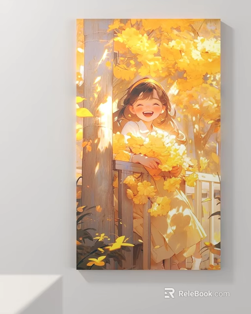 Smiling Girl Holding Yellow Flowers In Sunlit Garden With Railing 3d model 