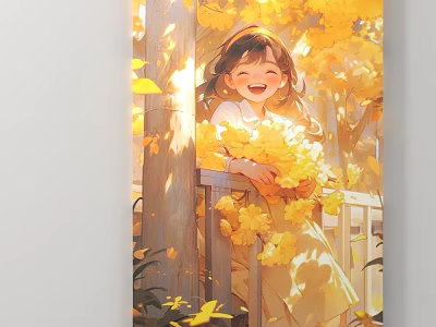 Smiling Girl Holding Yellow Flowers In Sunlit Garden With Railing 3d model