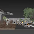 Terrace Garden Design With Wooden Flooring Table Chairs Umbrella Wicker Chair And Green Plants