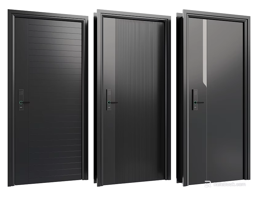 Three Modern Black Security Doors With Striped And Smooth Panel Designs 3d model