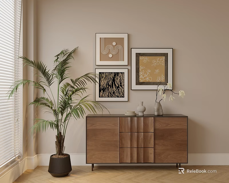 Walnut Wood Dresser With Palm Plant Framed Artworks And Vases In Modern Room 3d model 