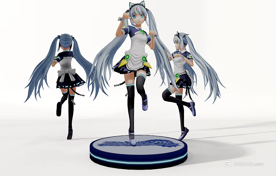Anime Game Character With Blue Long Hair Twintails White Top And Black Skirt 3d model 