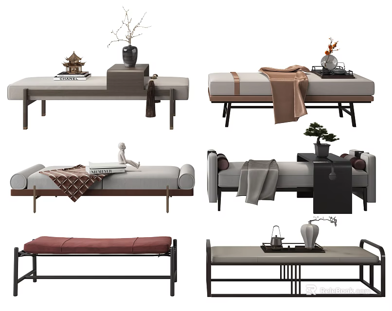 Stylish Modern Sofa Bench Designs With Blankets Vases And Decor Items 3d model