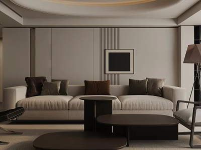 Modern Living Room Interior With Beige Sofa Dark Throw Pillows Coffee Table And Floor Lamp 3d model