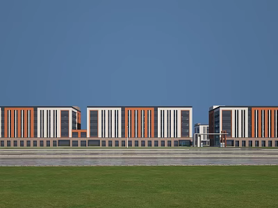 Industrial Factory Building Exterior With Orange White Stripes Large Glass Windows Grassland And Blue Sky 3d model