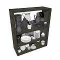 Kitchen Dinnerware Set on Shelf with Assorted Plates Bowls Cups and Teapots 3d model