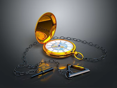 Vintage Gold Open Pocket Watch With Metallic Chain Pencil And Triangle Ruler 3d model