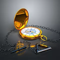 Vintage Gold Open Pocket Watch With Metallic Chain Pencil And Triangle Ruler