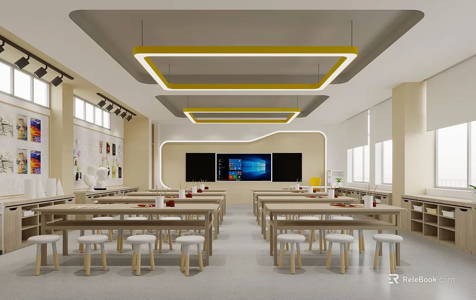 Modern School Classroom Interior With Desks Stools And Digital Screens 3d model