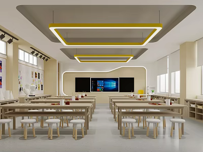 Modern School Classroom Interior With Desks Stools And Digital Screens 3d model