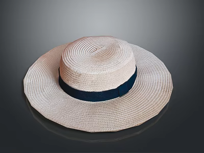 Light Beige Straw Hat With Dark Blue Band And Woven Texture Design 3d model