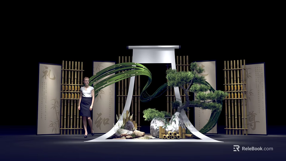 Traditional Chinese Style Photo Spot With Bamboo Screens Scroll Backdrop And Pine Tree Rockery 3d model 