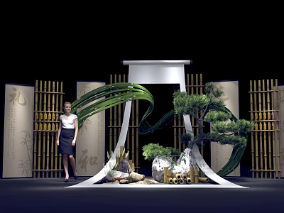 Traditional Chinese Style Photo Spot With Bamboo Screens Scroll Backdrop And Pine Tree Rockery 3d model