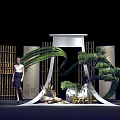 Traditional Chinese Style Photo Spot With Bamboo Screens Scroll Backdrop And Pine Tree Rockery