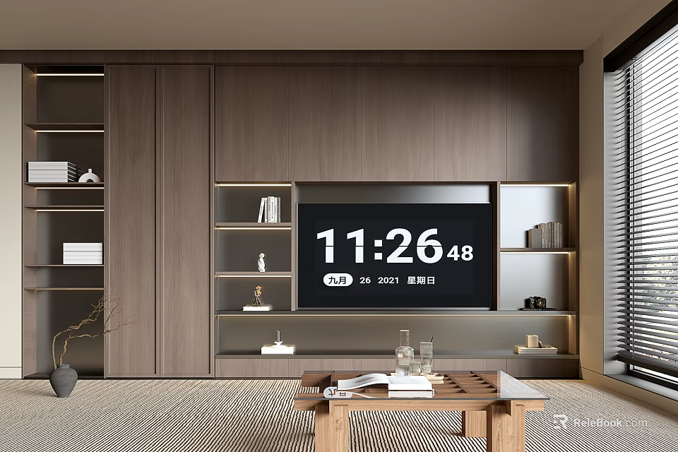 Modern Living Room Wooden TV Stand With Open Shelves Storage For Books Decorative Items 3d model 