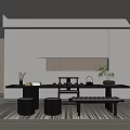 Modern Tea Room Interior With Open Design Tea Table Stools Bench And Green Plant 3d model