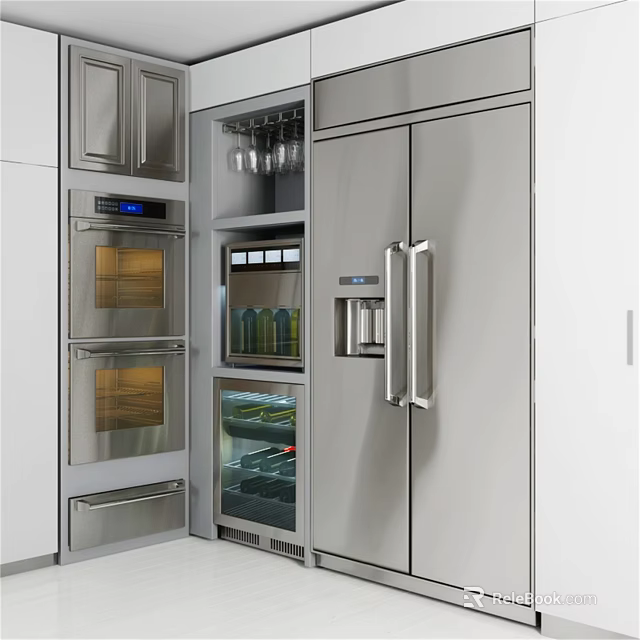 Sleek Modern Kitchen With Stainless Steel Appliances Double Door Refrigerator And Built In Oven 3d model 