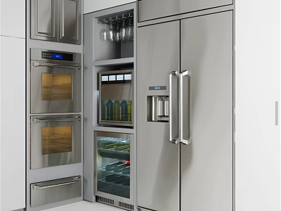 Sleek Modern Kitchen With Stainless Steel Appliances Double Door Refrigerator And Built In Oven 3d model